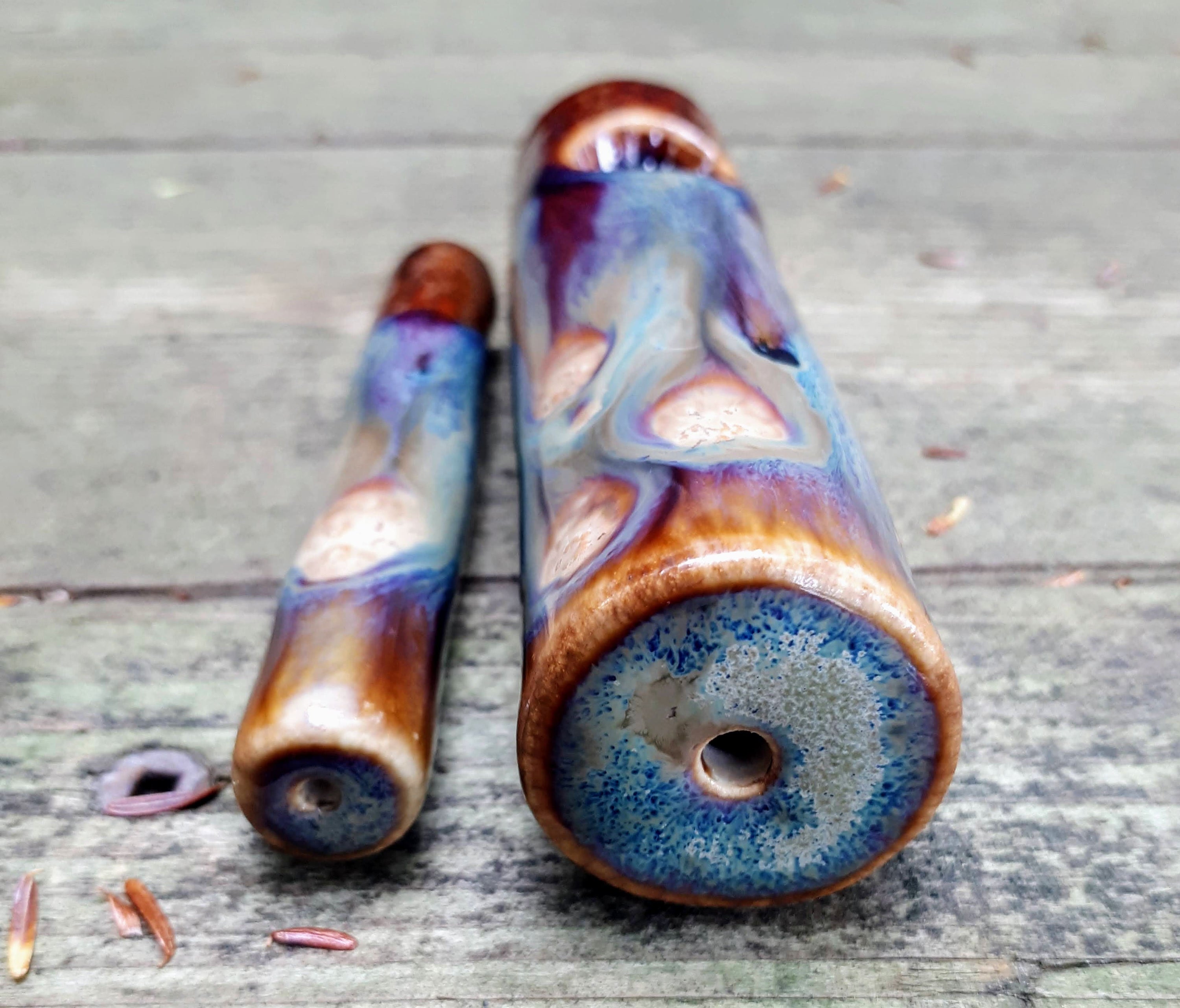 Dirty Peacock, Brown, Blue, White ceramic mini cannabis pipe and chillum