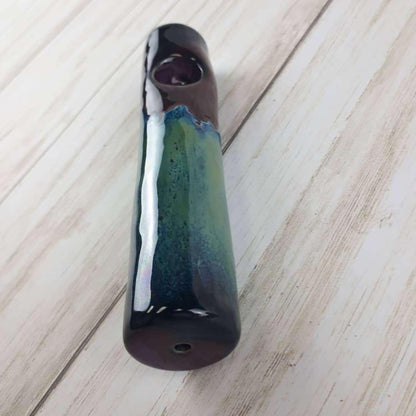 Nebula Original Cannabis Pipe, galaxy inspired black, blue, purple and green hazy/drippy colours, mouthpiece view